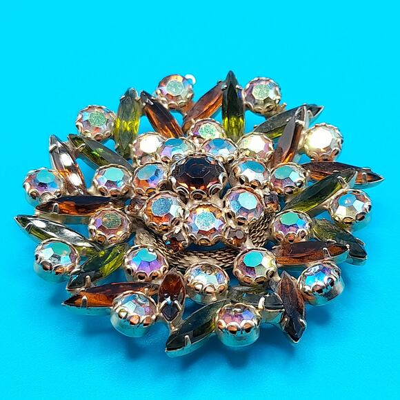 Vintage Topaz AB Rhinestone Floral Brooch Green Navette Gold Tone 2.25\